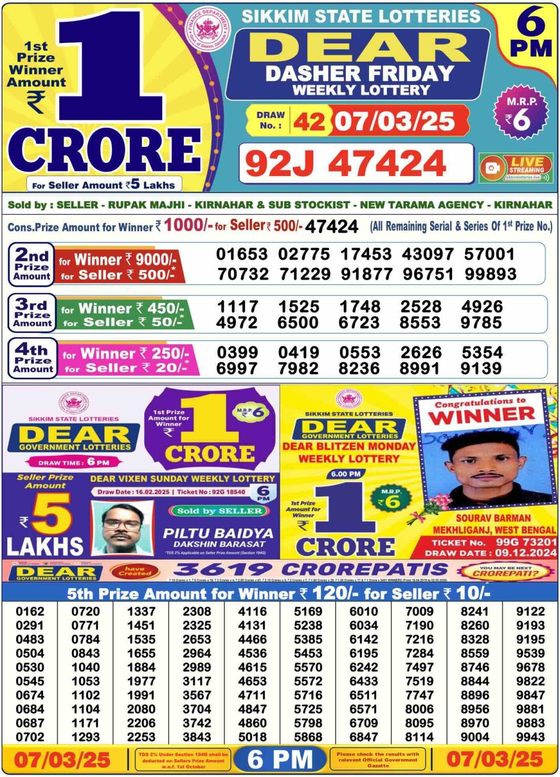 Lottery Friday Dear DASHER EVENING 6 PM winner lottery sambad